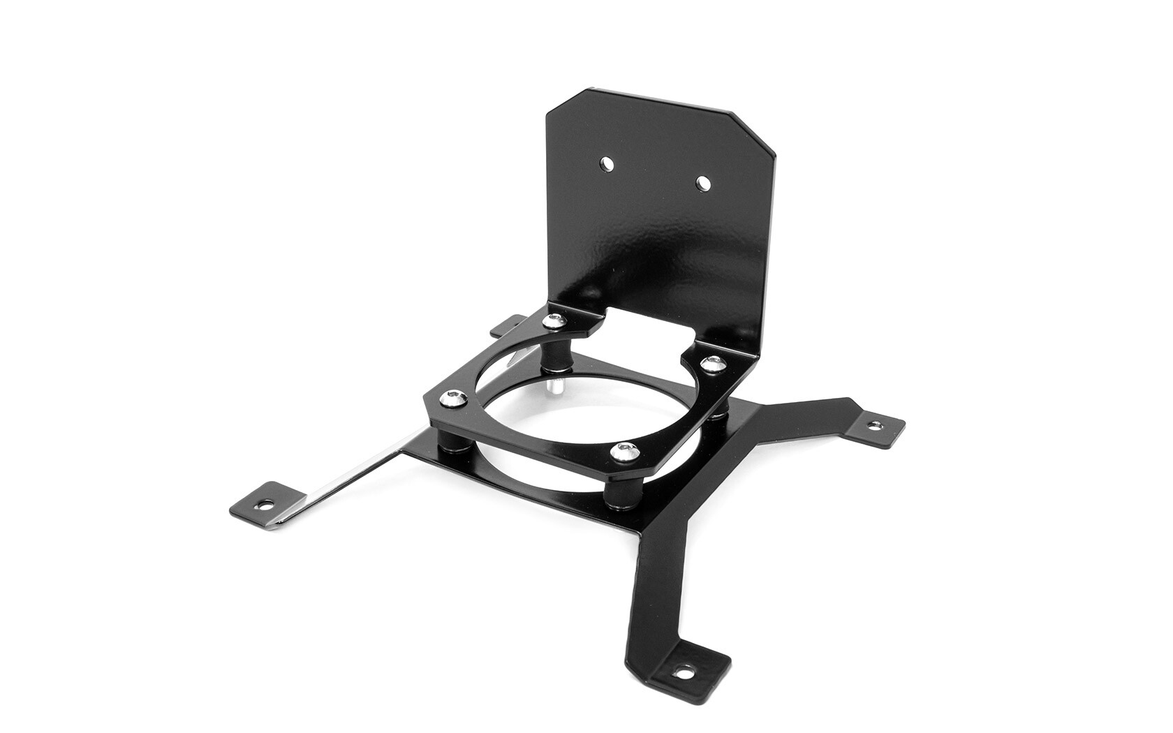 Black metal mounting bracket for liquid cooling pump or reservoir hardware